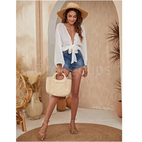 Beach Swim Cover Up Top White Crop Shirt Tie Front Bishop Long Sleeve Deep V - Picture 5 of 8